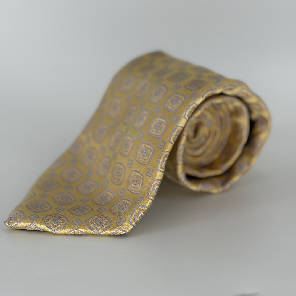 Canali 60 x 3.5" Luxury Silk Tie Gold Medallion Geometric Pattern Italy